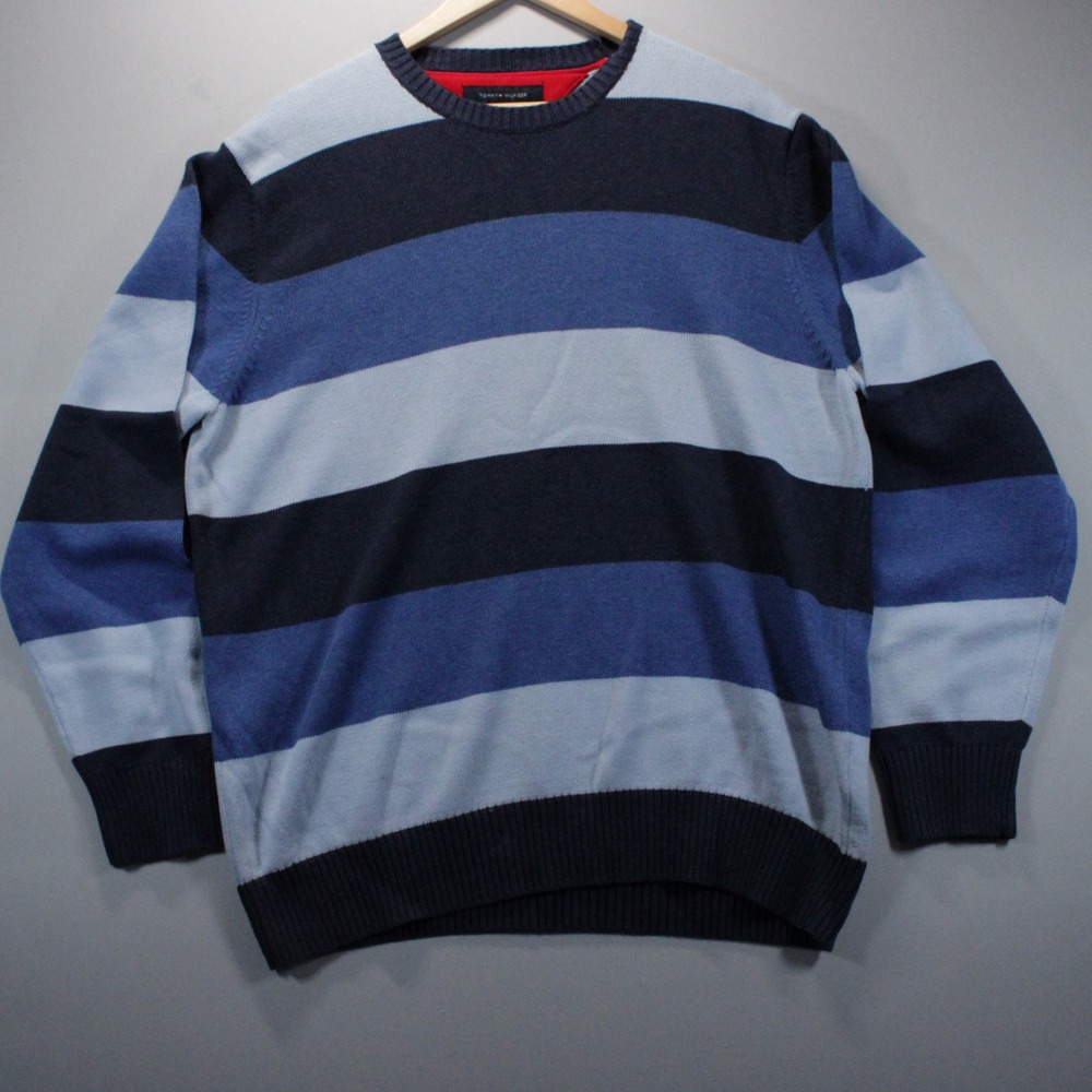 Tommy Hilfiger Mens L Multi Blue Striped Crewneck Y2K Boating Sailing Sweater